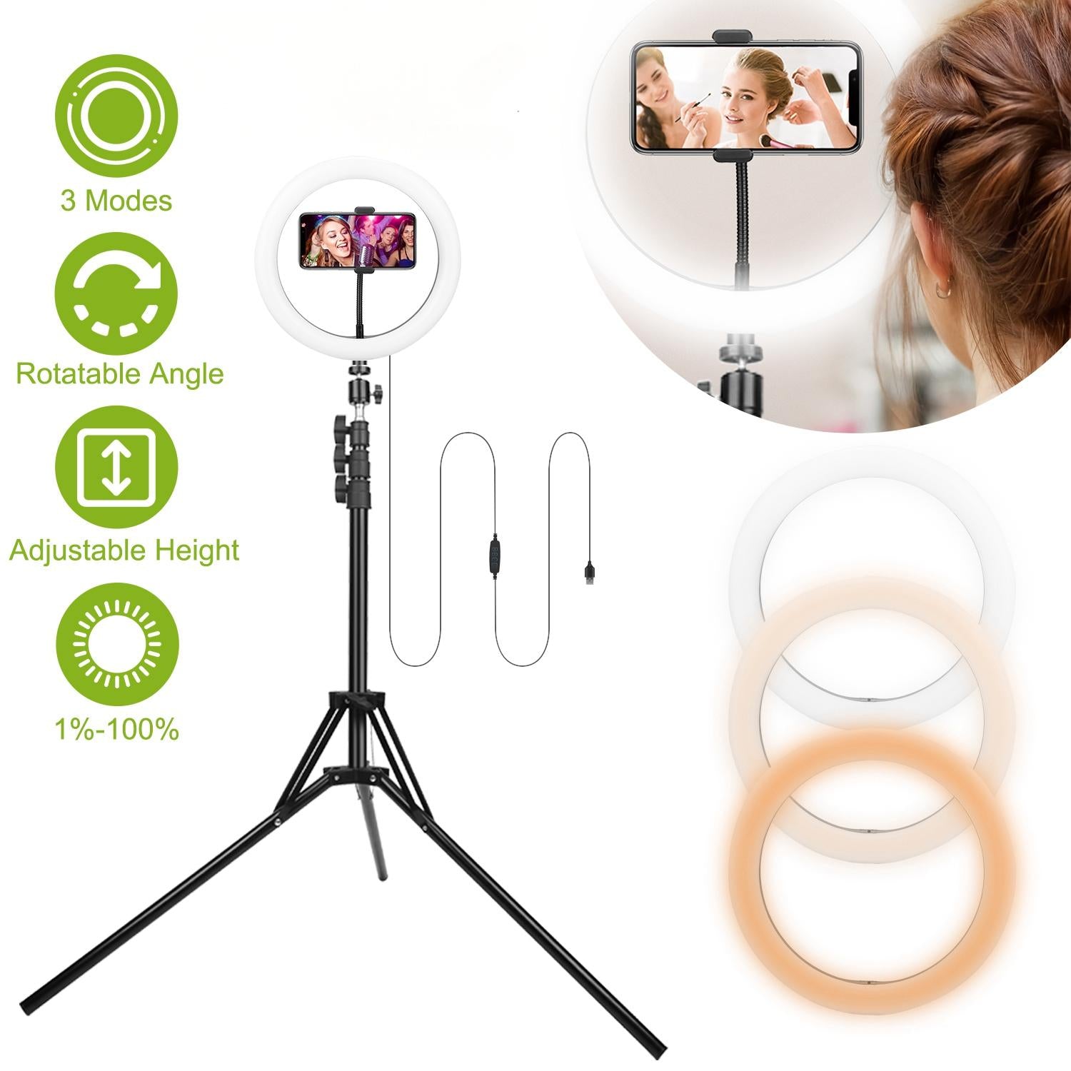 10" LED Ring Light c/ Tripé & Suporte Celular