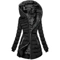 Hooded Warm Fleece Padded Jacket Mid-length Jacket Black Padded Jacket