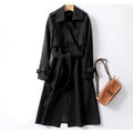 Women's Classic Trench Coat, Solid Color Long Sleeve Belted Mid-Length Jacket With Button Detail For Spring And Fall