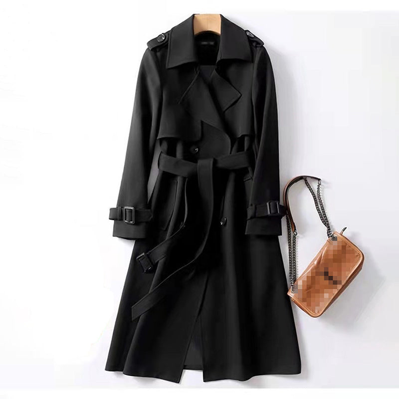 Women's Classic Trench Coat, Solid Color Long Sleeve Belted Mid-Length Jacket With Button Detail For Spring And Fall