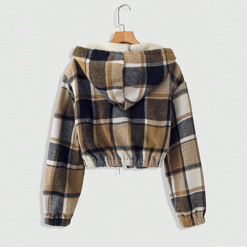 Women's Elegant Plaid Hooded Jacket, Full-Zip Lightweight Coat For Winter Casual Wear